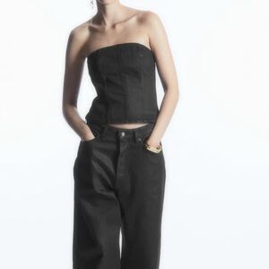 COS Black Zipper Coated-Denim Bustier top